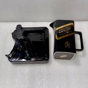Vintage Black Barware Water Pitcher  and Ashtray Johnny Walker Black Label